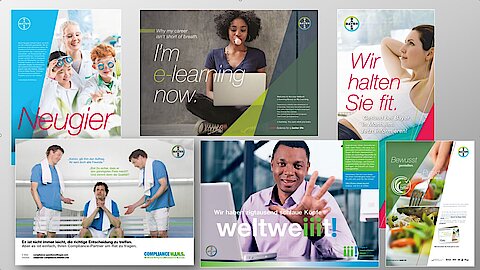 The picture shows examples of SpiessConsult's work for Bayer AG on various sustainability topics in the ESG areas of governance (corporate compliance) and in the social area (human resources development, good corporate citizenship, employer branding and CSR).