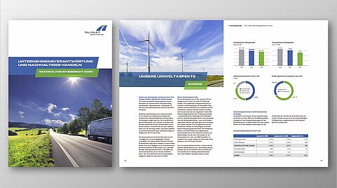 Das Bild zeigt den Toll Collect-Nachhaltigkeitsbericht 2020, er ist das Ergebnis eines klaren Konzepts entlang internationaler Standards, monatelanger Vorbereitung, umfassender Faktensammlung und -abstimmung und einer ansprechenden Präsentation der Nachhaltigkeitsleistung des Berliner Spezialisten für Maut, Infrastruktur und digitale Dienstleistungen. 