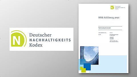 The picture shows Toll Collect's first declaration in accordance with the German Sustainability Code (DNK); it has now been officially published in the DNK database. The German Sustainability Code (DNK) is a standard for transparent reporting on corporate sustainability performance to all relevant stakeholders and is already used by over 1,000 companies in Germany. Users prepare a statement on twenty DNK criteria and report on the supplementary non-financial performance indicators.