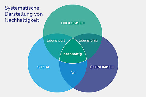 Das Bild zeigt eine Grafik mit drei sich überlappenden Kreisen, die jeweils Schnittmengen miteinander haben. Die drei Kreise stehen für drei Verantwortungsbereiche von Unternehmen: Ökonomie, Ökologie und  Soziales. In der Mitte haben die drei Kreise eine gemeinsame Schnittmenge, diese wird als „nachhaltig“ bezeichnet. Nachhaltiges Handeln bedeutet demnach für Unternehmen, die drei Verantwortungsbereiche gleichrangig und gleichzeitig zu betrachten – und entsprechend zu handeln. 